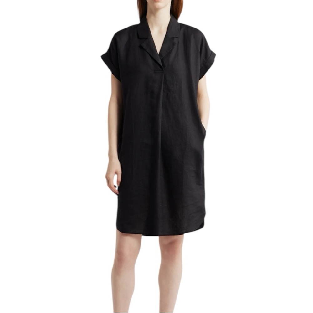 Eileen Fisher Linen Notch Collar Dress Sz XS Black Shift Pockets